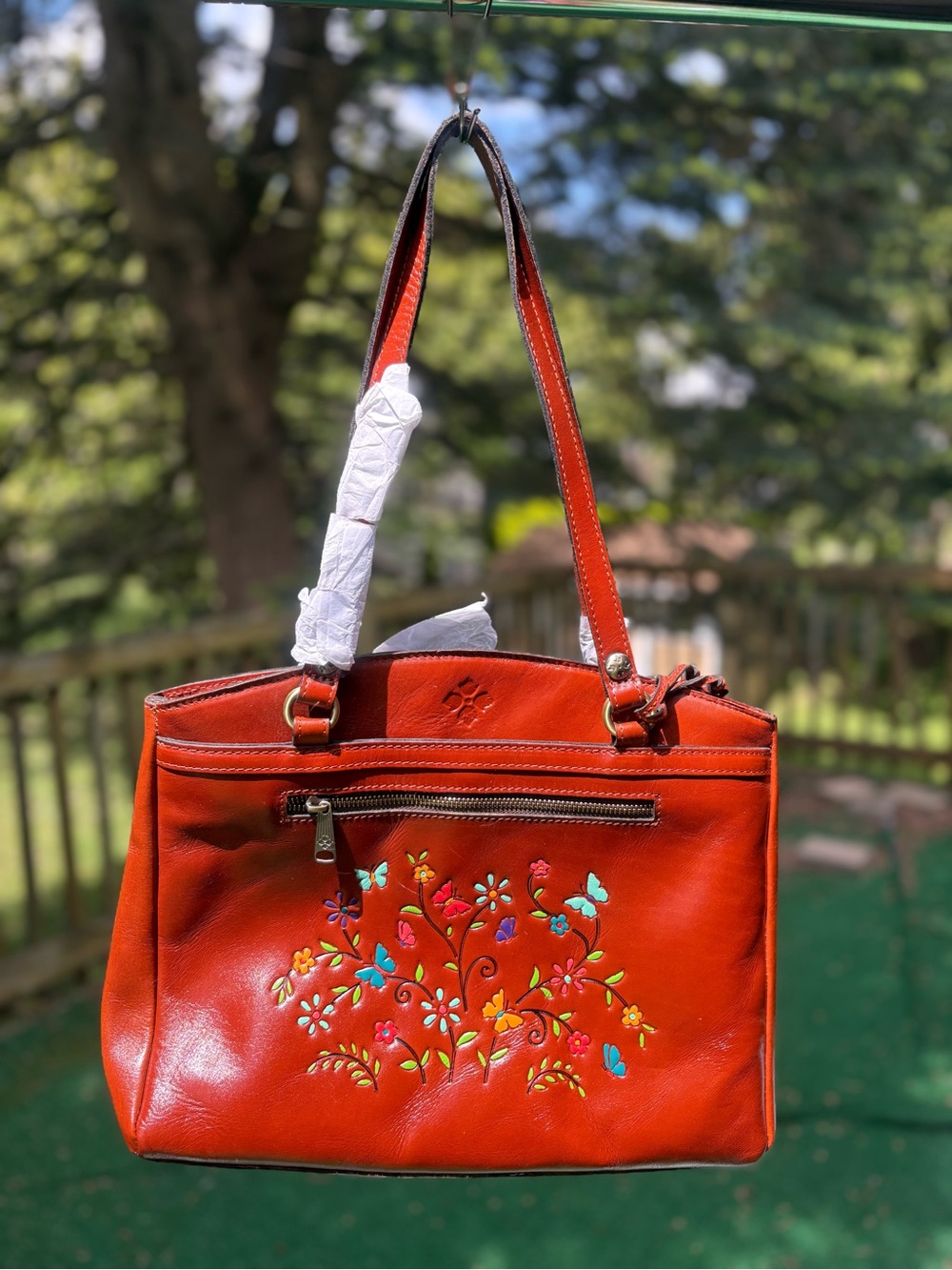 New Patricia Nash Poppy Watercolor Floral Butterfly Leather Tote Bag in Chestnut